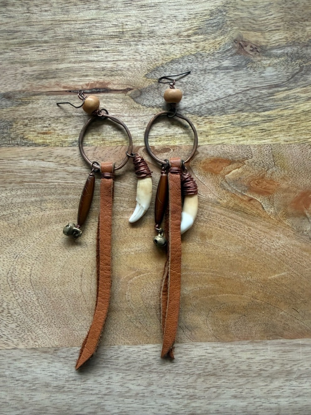 Earthy Brown Leather Tassel Hoop Earrings with Ivory Tusk Accent